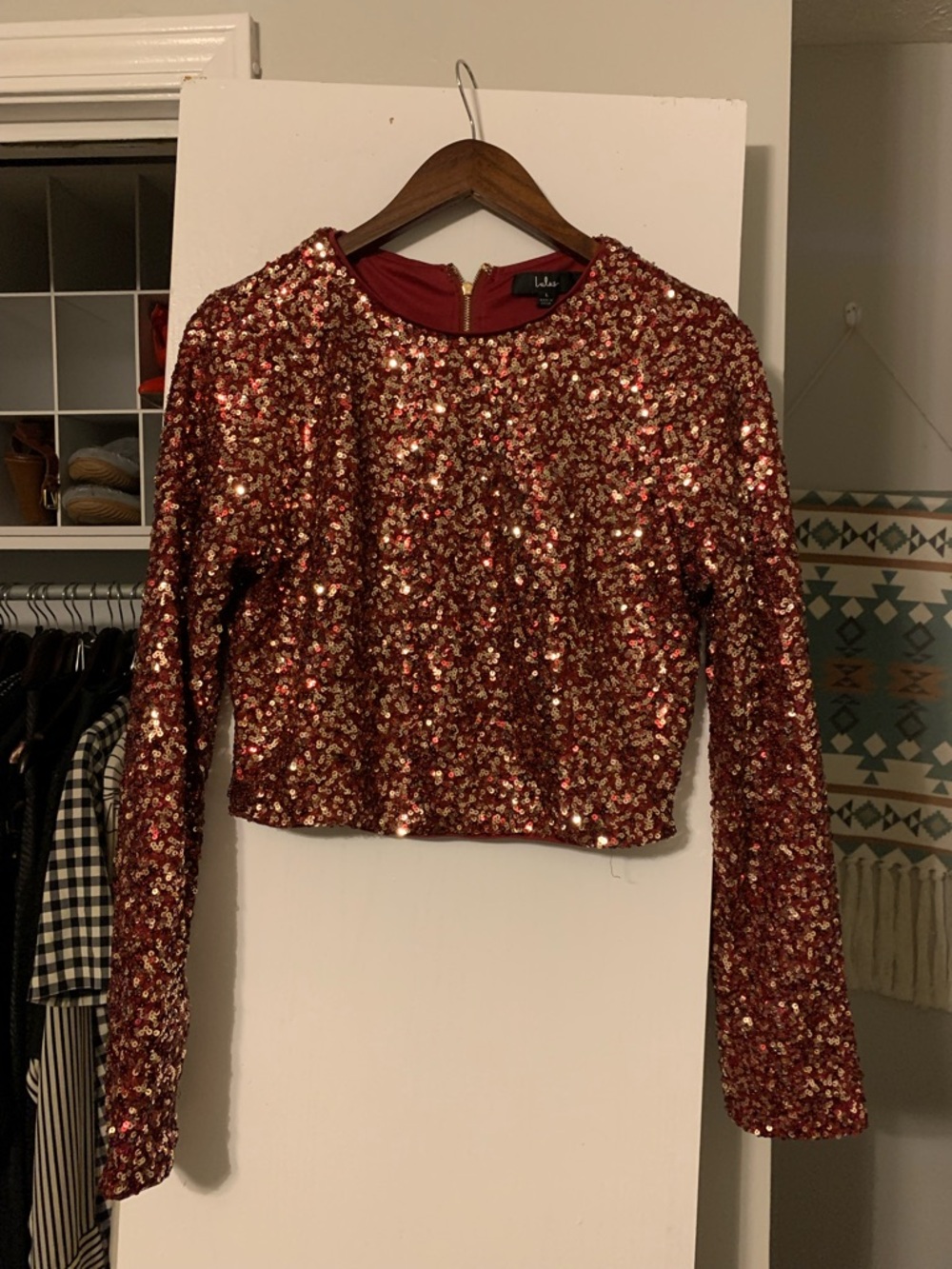 Lulu's Red Sequin Long-Sleeve Cropped Top